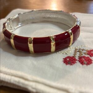 Elegant Red Enamel Gold Tone and Silver Tone Clamp Bangle Bracelet